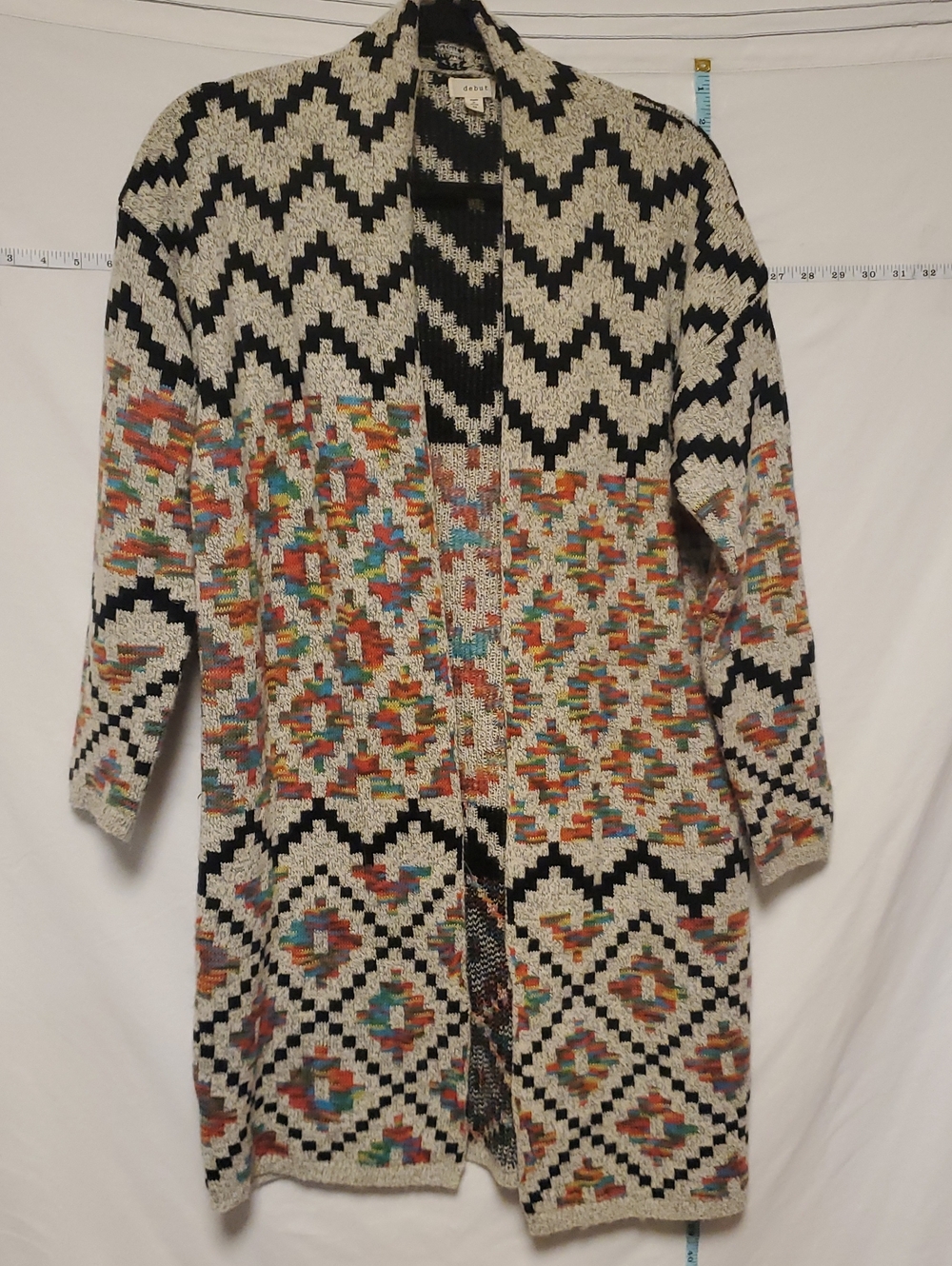 debut Multicolor Aztec Knit Longline Cardigan Black Cream Orange Blue Boho Mef